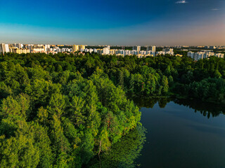  beautiful lake in green park, near city houses - drone photo