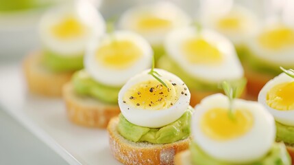 Elegant deviled eggs topped with creamy filling, garnished with rosemary and crispy chips, arranged in a minimalist presentation on a white background.