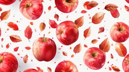 Vibrant red apples with autumn leaves on a white background, playful and festive. Perfect for autumn, harvest, and seasonal designs.