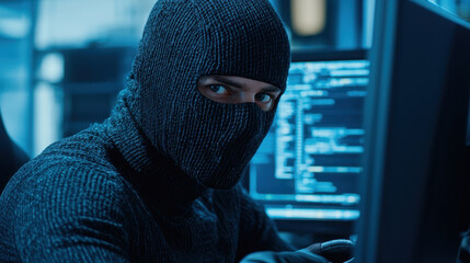 computer hacker wearing balaclava and gloves is intensely analyzing data on multiple screens, showcasing high tech environment filled with code and digital information