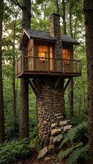 Charming treehouse with a stone chimney and forest view.