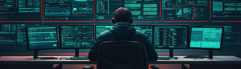 hacker sits at high tech desk surrounded by multiple monitors displaying complex data and analytics. environment is dark, illuminated by screens, creating focused atmosphere