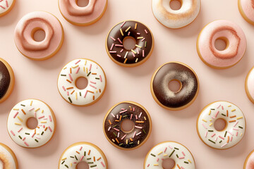 Obraz premium Assorted glazed donuts with sprinkles and chocolate, vanilla, and pink icing arranged in rows