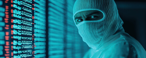 masked hacker in white suit is intensely focused on manipulating computer data, surrounded by glowing screens filled with code. atmosphere is tense and mysterious, highlighting world of