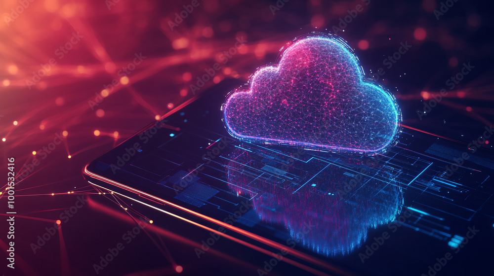 Poster futuristic cloud computing technology concept is hovering over a digital tablet with a circuit board