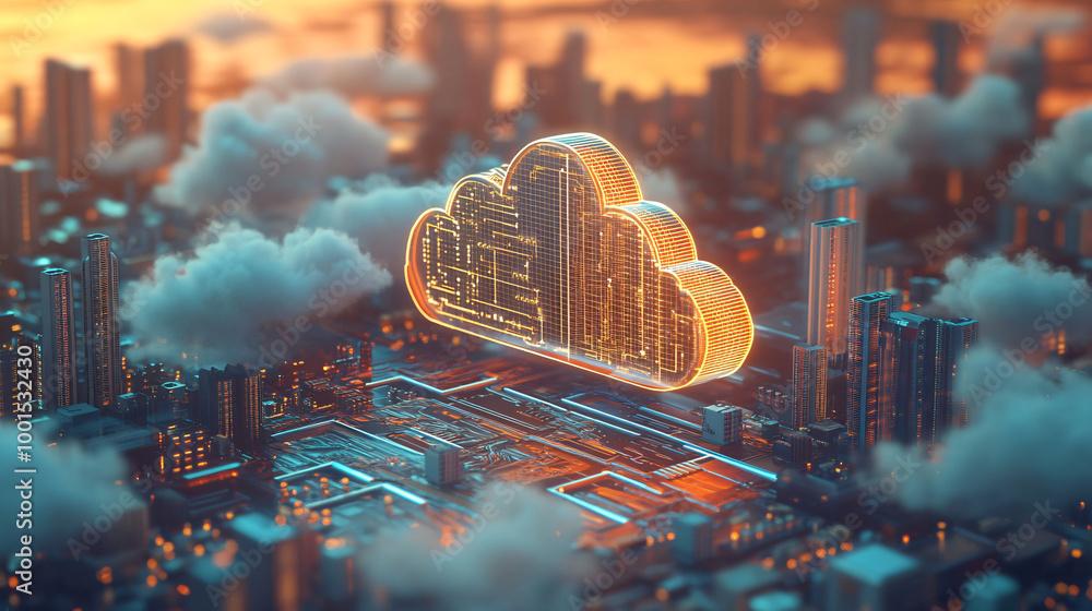 Poster futuristic cityscape made of a circuit board with a glowing cloud representing the concept of cloud 