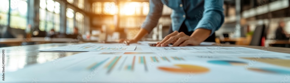 Poster a person analyzing charts and graphs on a table in a bright, spacious workspace, with a focus on col