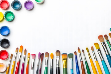 Naklejka premium Colorful Paint Jars with Brushes on Vibrant Watercolor Strokes