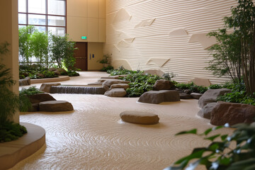 A modern house in the woods with an elaborate Zen garden