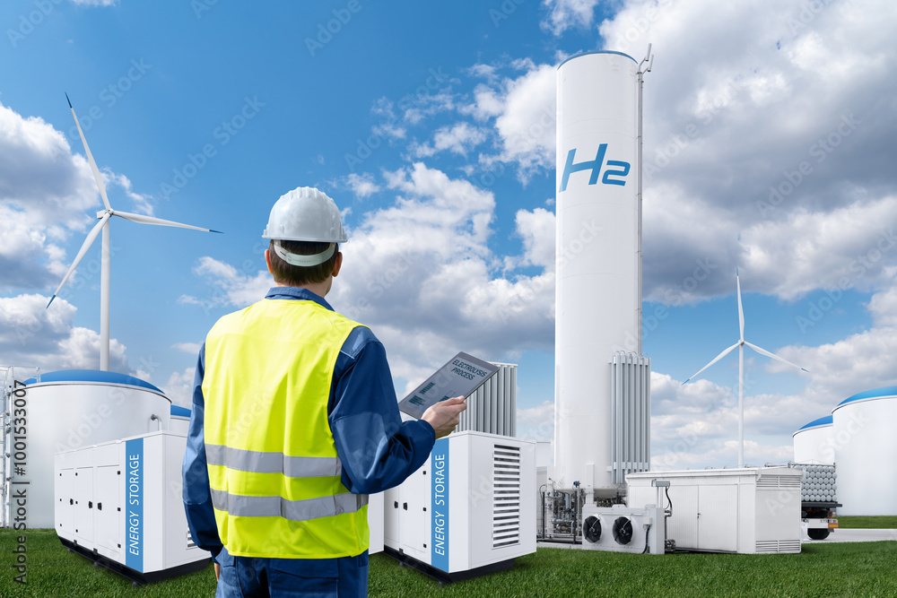 Poster engineer with tablet computer on a background of hydrogen factory.