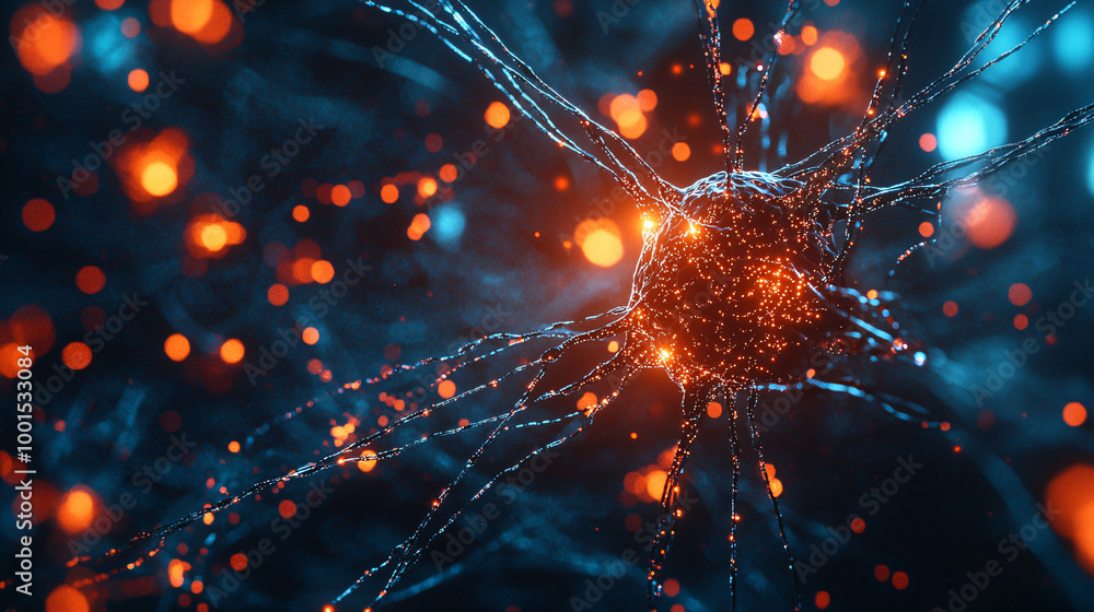 Aufkleber 3d illustration of a nerve cell communicating with other cells by sending electric signals through i