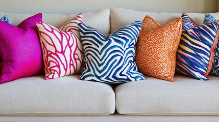 Colorful patterned cushions on modern sofa
