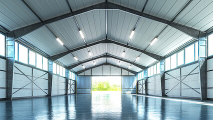 Interior of a bright hangar. industrial premises. 3d illustration