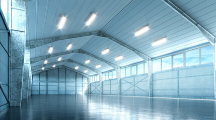 Interior of a bright hangar. industrial premises. 3d illustration