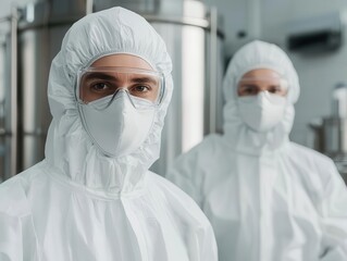 Pharmaceutical lab with scientists in sterile suits, drug production, high-tech medical manufacturing