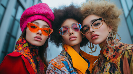 Four women of diverse backgrounds in avant-garde fashion, each showcasing bold patterns and textures, posed against a sleek, modern architecture backdrop