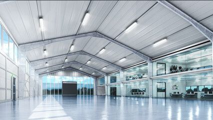 Interior of a bright hangar. industrial premises. 3d illustration