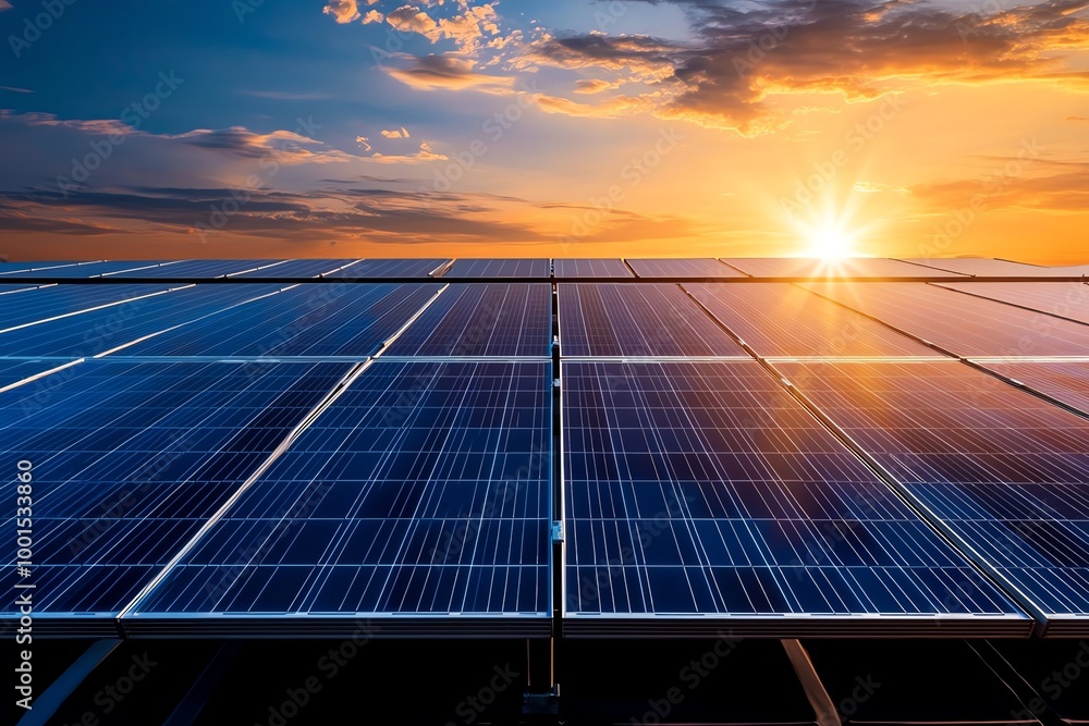 Aufkleber Minimalist solar panel array, placed against a simple, gradient sky, with soft lines representing sunlight