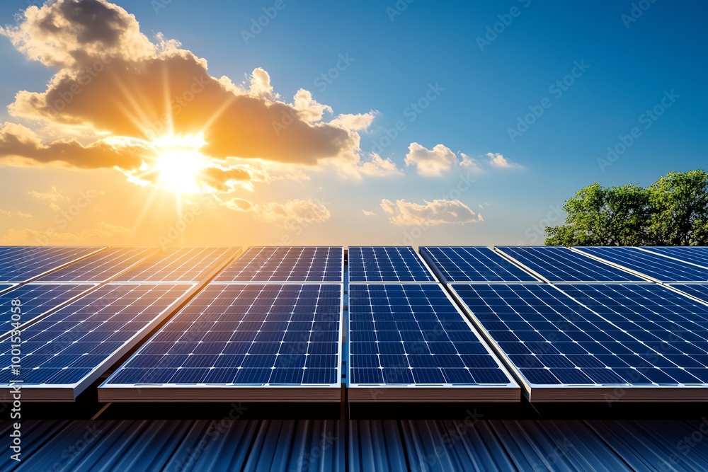 Aufkleber Minimalist solar panel array, placed against a simple, gradient sky, with soft lines representing sunlight