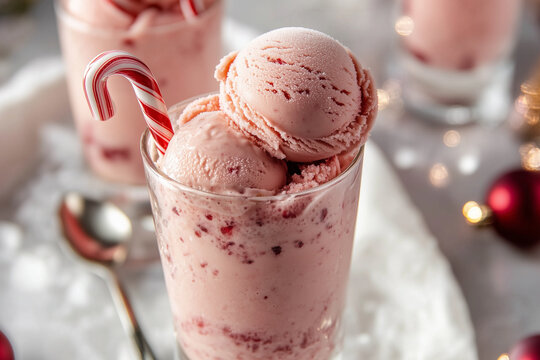 Pink Christmas ice cream float with a candy cane