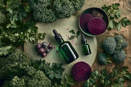 Botanical elixir with green vegetables and purple beets on rustic background