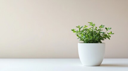 A small green plant in a white flowerpot with a clean, light background, showcasing minimalism and elegance