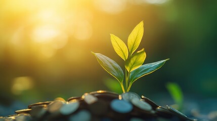 A small plant growing from a pile of coins against a bright, clean background, illustrating the concept of savings and investment