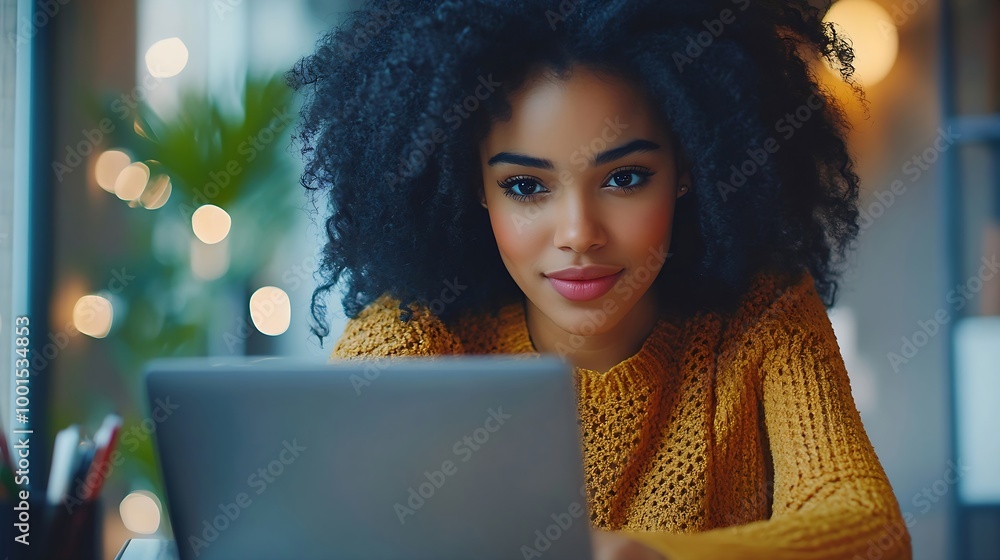Poster Young African American business woman sitting at working desk in office using laptop computer browsing online banking website updating personal details and taking notes in notebook : Generative AI