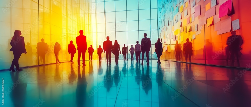 Poster a vibrant scene of silhouettes walking through a modern space filled with colorful light, creating a