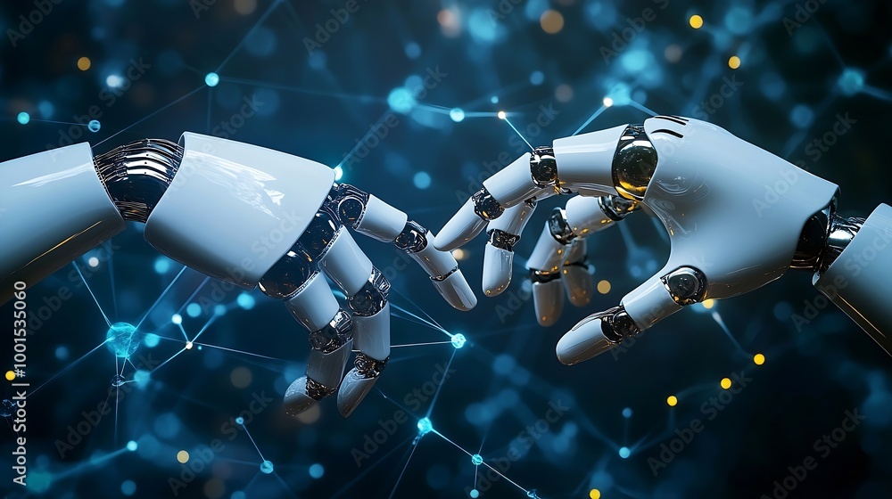 Aufkleber AI Machine learning Hands of robot and human touching on big data network connection background Science and artificial intelligence technology innovation and futuristic : Generative AI