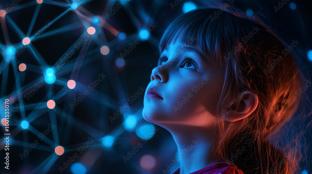 Poster Young girl is gazing upwards at a network of glowing lines and dots, symbolizing the vastness of ai