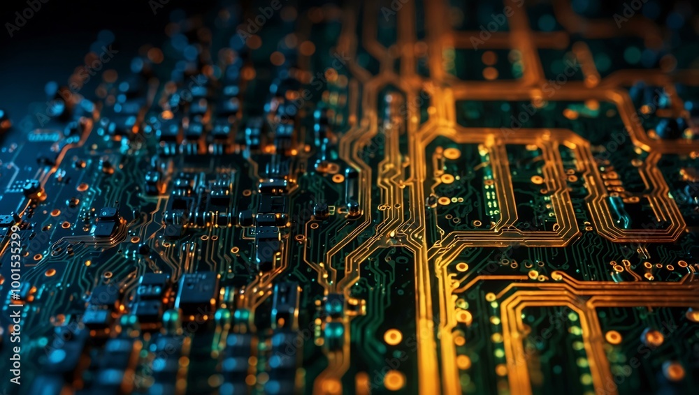 Poster circuit board design with luminous nodes, representing advanced ai technology.