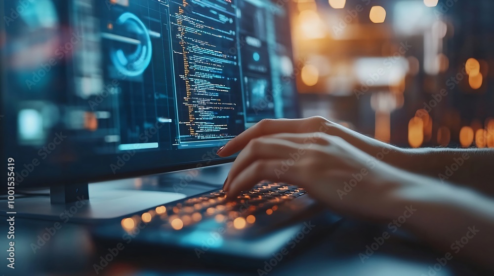 Poster Hands person and typing on keyboard for research information and data with system technology Woman screen and overlay with coding or software update and programming or upgrade on cyber : Generative AI