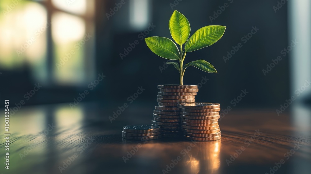 Wall mural A stack of coins with a growing plant on top, in a modern workspace, emphasizing financial planning