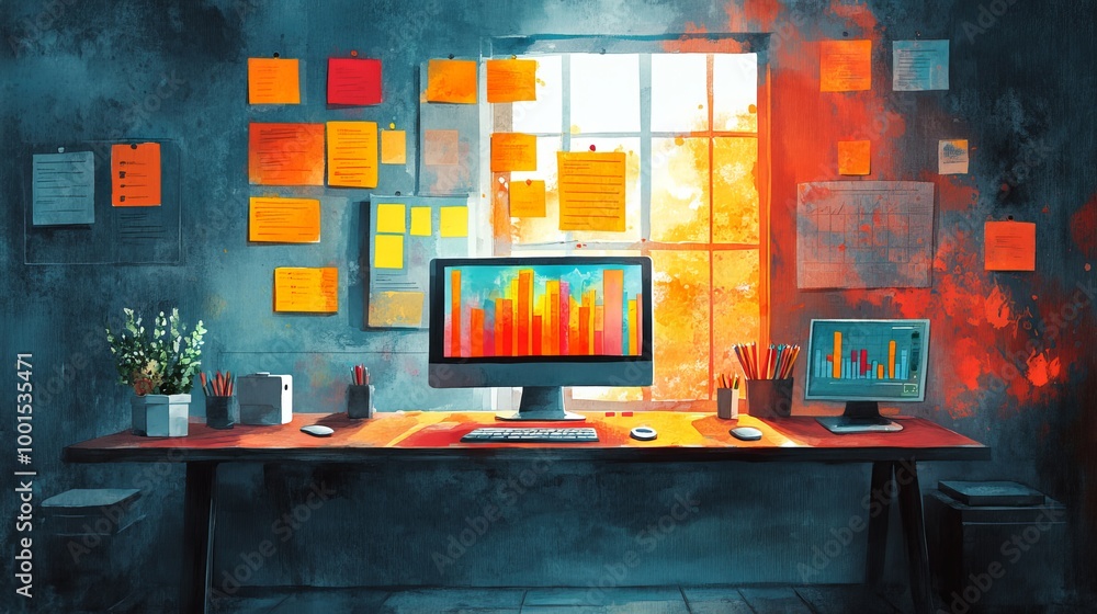 Poster a vibrant workspace with colorful sticky notes, two computers displaying data graphics, and a sunny 