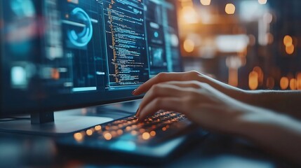 Hands person and typing on keyboard for research information and data with system technology Woman screen and overlay with coding or software update and programming or upgrade on cyber : Generative AI