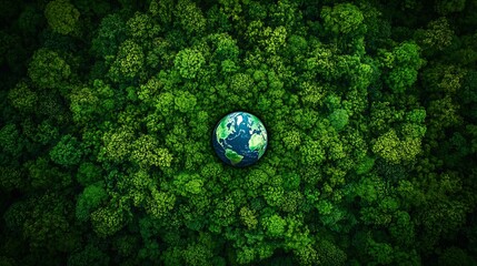 Aerial top view green forest with globe earth Green planet in your hands Save Earth Texture of forest view from above ecosystem and healthy environment Globe and forest : Generative AI
