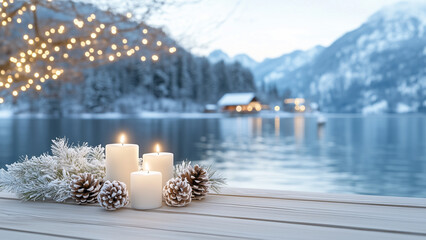 Winter Wonderland Serenity, flickering candles adorned, set against a lake