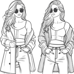 line art bride girl and mordan Woman line Drawing design.