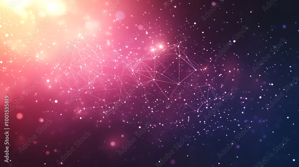 Poster Vibrant space background with bokeh, connecting dots and lines in an abstract network