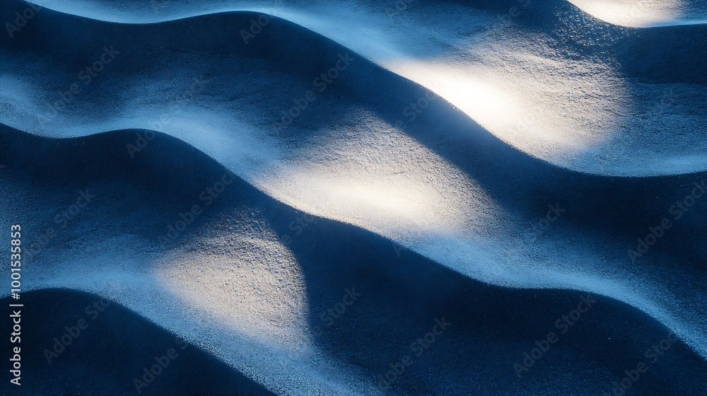 Poster Abstract natural art of wavy sand patterns highlighted with deep blue shadows showcasing textures and forms created by light and shade : Generative AI