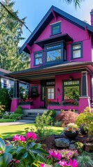 Bright Craftsman house in bold magenta, featuring a large front porch and well-kept garden.