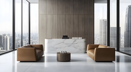 A modern office space with large windows overlooking the city skyline, featuring sleek and minimalist furniture in neutral tones