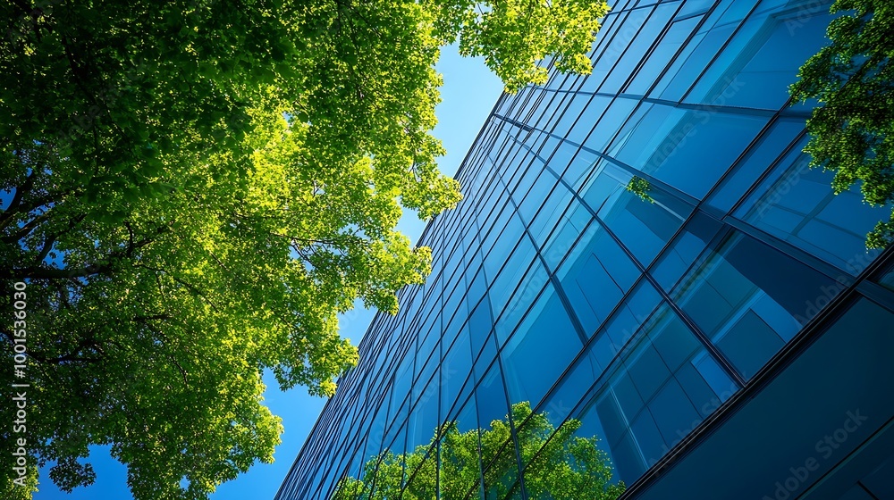 Aufkleber ecofriendly building in the modern city sustainable glass office building with trees for reducing he