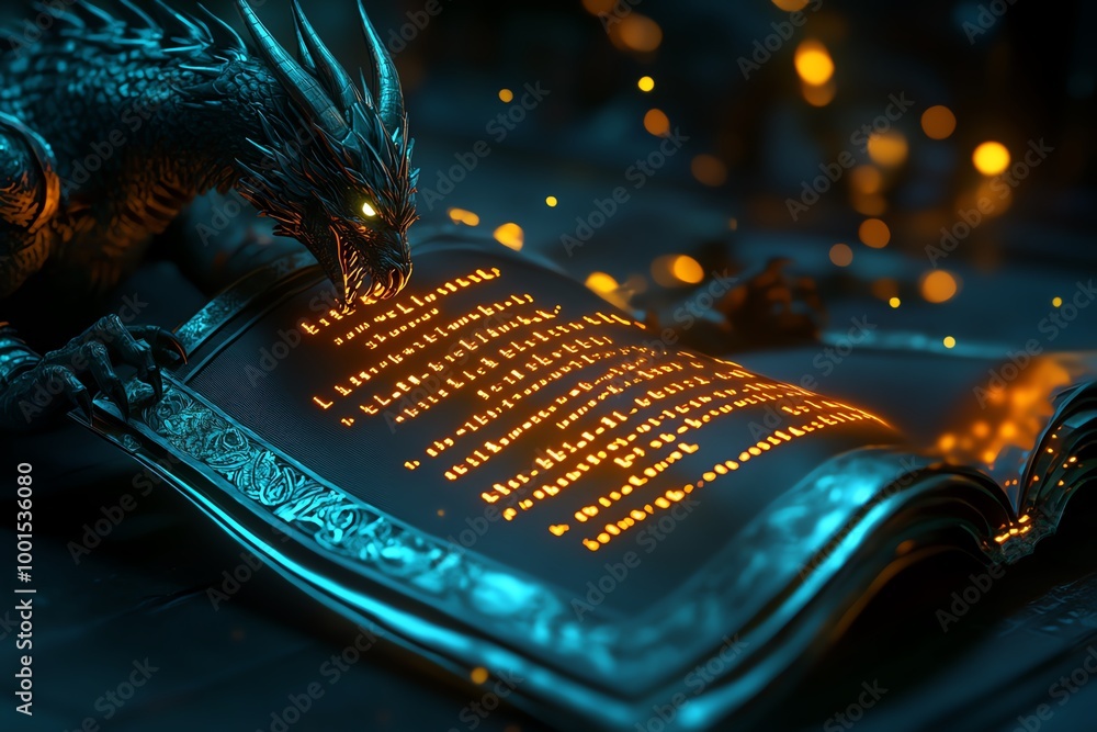 Aufkleber Mythical creatures coding, shown as dragons and griffins typing lines of glowing code on magical scrolls that float in the air