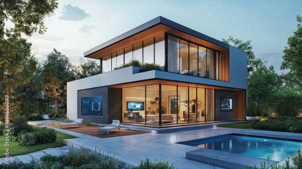 Poster a large, modern house with a pool and a large glass window