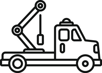 Tow truck using hydraulic crane for roadside assistance, line icon design