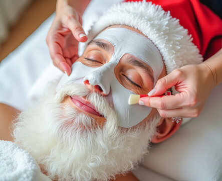 Happy Santa Claus with a cosmetic mask on his face in a beauty salon
