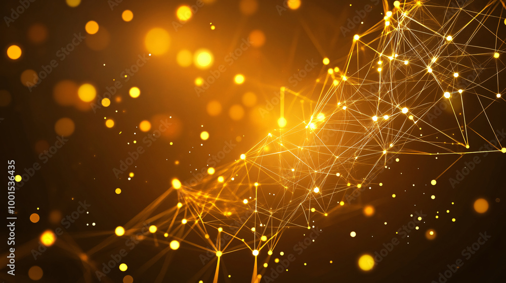 Poster Complex connections of abstract golden network forming on a dark background with bokeh