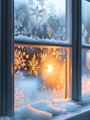frosted window with intricate ice crystal patterns, a warm glow coming from inside